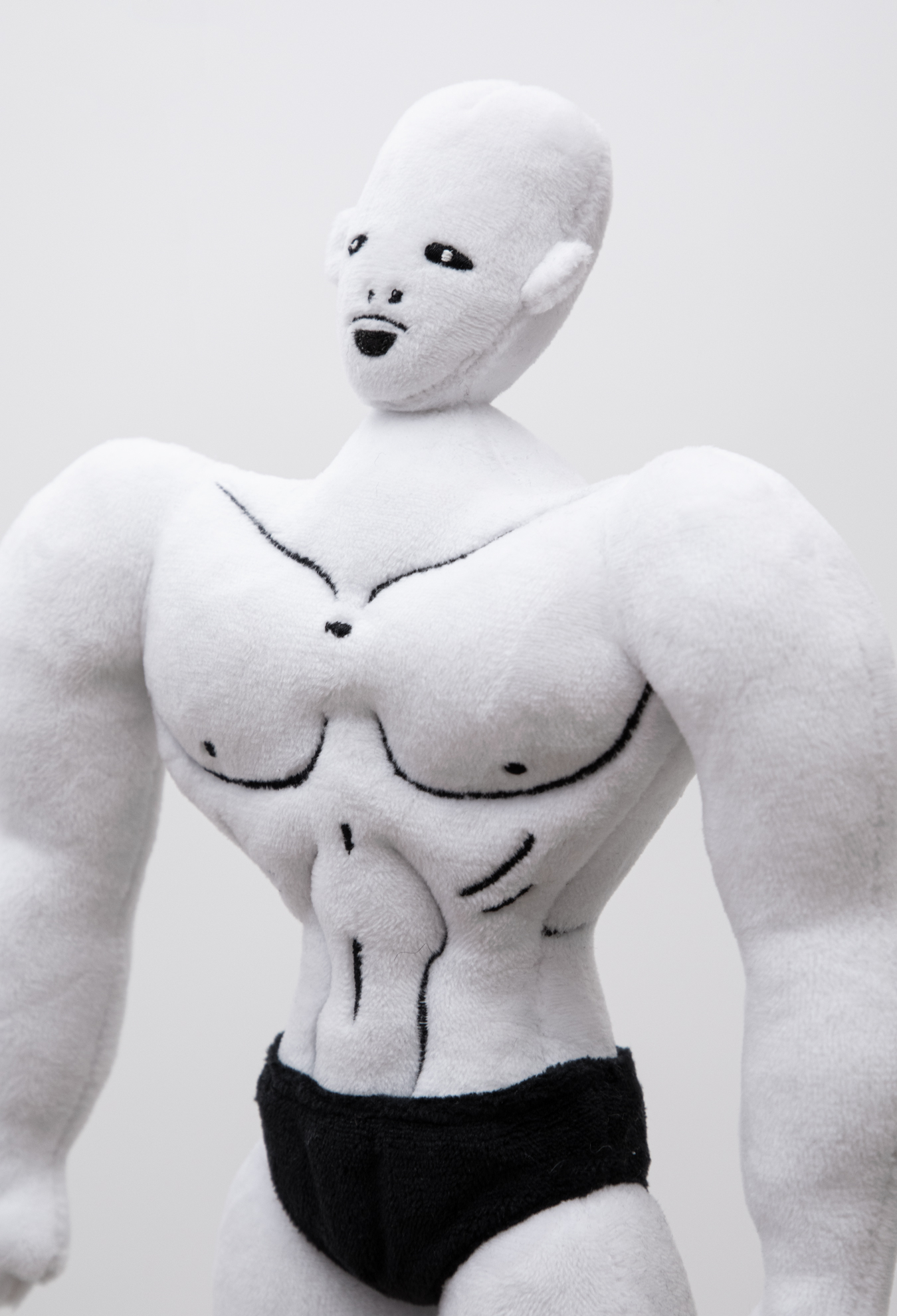 Waist-up detail of a Plush muscular male character with white skin and black briefs.